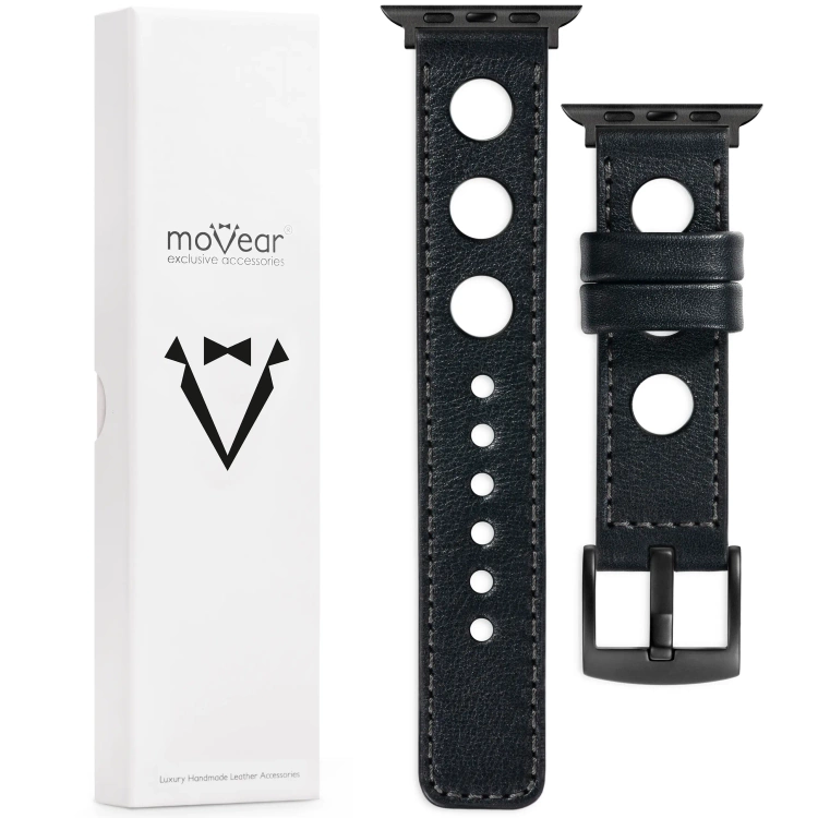 moVear Prestige R1 Skórzany pasek 22mm do Apple Watch 10 / 9 / 8 / 7 / 6 / 5 / 4 / SE (42/41/40mm) | Czarny, grafitowe przeszycie [rozmiary XS-XXL i klamra do wyboru]