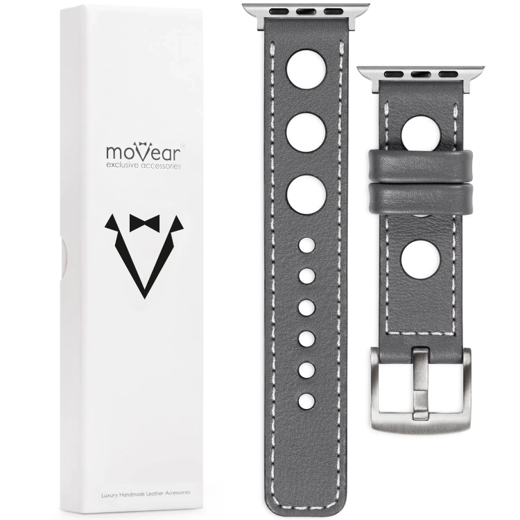moVear Prestige R1 Skórzany pasek 24mm do Apple Watch 10 / 9 / 8 / 7 / 6 / 5 / 4 / SE (46/45/44mm) & Ultra (49mm) | Szary, białe przeszycie [rozmiary XS-XXL i klamra do wyboru]