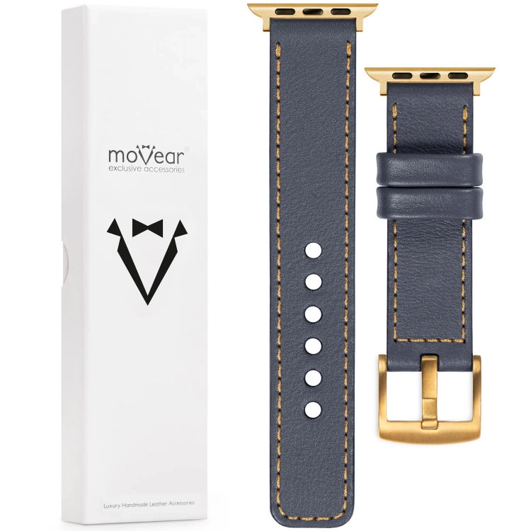 moVear Prestige C1 Skórzany pasek 22mm do Apple Watch 10 / 9 / 8 / 7 / 6 / 5 / 4 / SE (46/45/44mm) & Ultra (49mm) | Szary stalowy, złote przeszycie [rozmiary XS-XXL i klamra do wyboru]