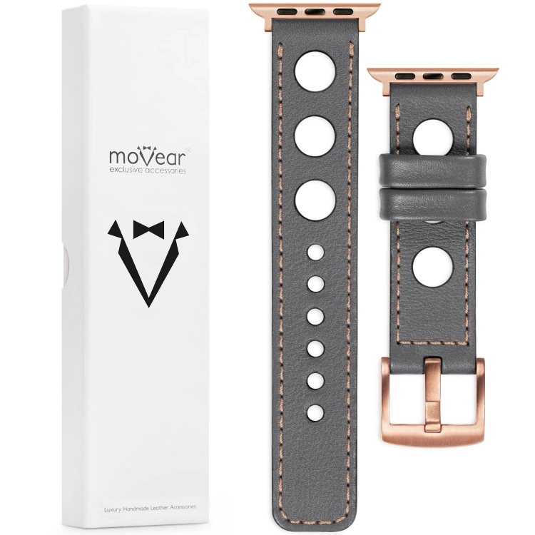 moVear Prestige R1 Skórzany pasek 22mm do Apple Watch 10 / 9 / 8 / 7 / 6 / 5 / 4 / SE (46/45/44mm) & Ultra (49mm) | Szary, różowe złoto przeszycie [rozmiary XS-XXL i klamra do wyboru]