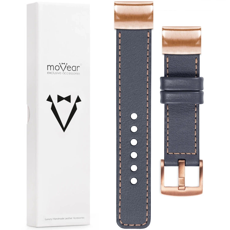 moVear Prestige C1 Skórzany pasek do Garmin QuickFit 20mm (Fenix / Instinct - 43/42/40mm) | Szary stalowy, różowe złoto przeszycie [rozmiary XS-XXL i klamra do wyboru]