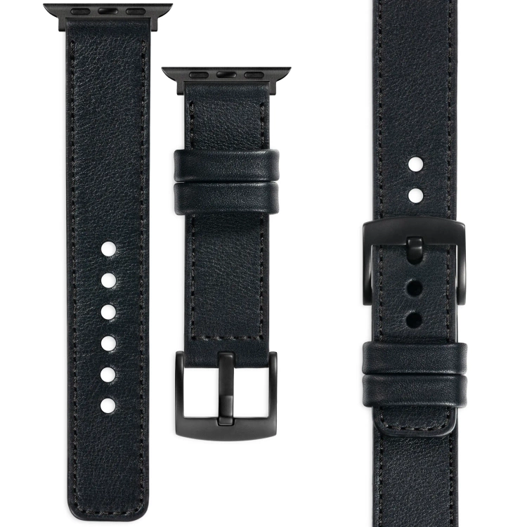 moVear Prestige C1 Skórzany pasek 24mm do Apple Watch 10 / 9 / 8 / 7 / 6 / 5 / 4 / SE (46/45/44mm) & Ultra (49mm) | Czarny, czarne przeszycie [rozmiary XS-XXL i klamra do wyboru]