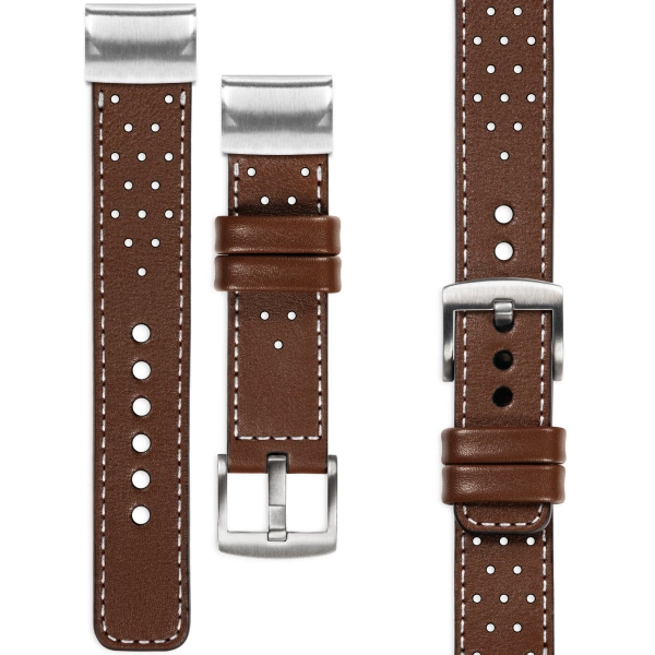 moVear Prestige R2 Skórzany pasek do Garmin QuickFit 22mm (Fenix / Forerunner / Epix / Instinct / Enduro / Quatix / MARQ - 47/45mm) | Ciemnobrązowy, białe przeszycie [rozmiary XS-XXL i klamra do wyboru]