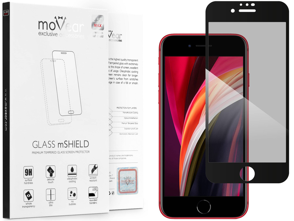 moVear GLASS mSHIELD 2.5D MAX privacy do Apple iPhone SE (2022 / 2020) / 8 / 7 (4.7") (Prywatyzujące, kompatybilne z etui)
