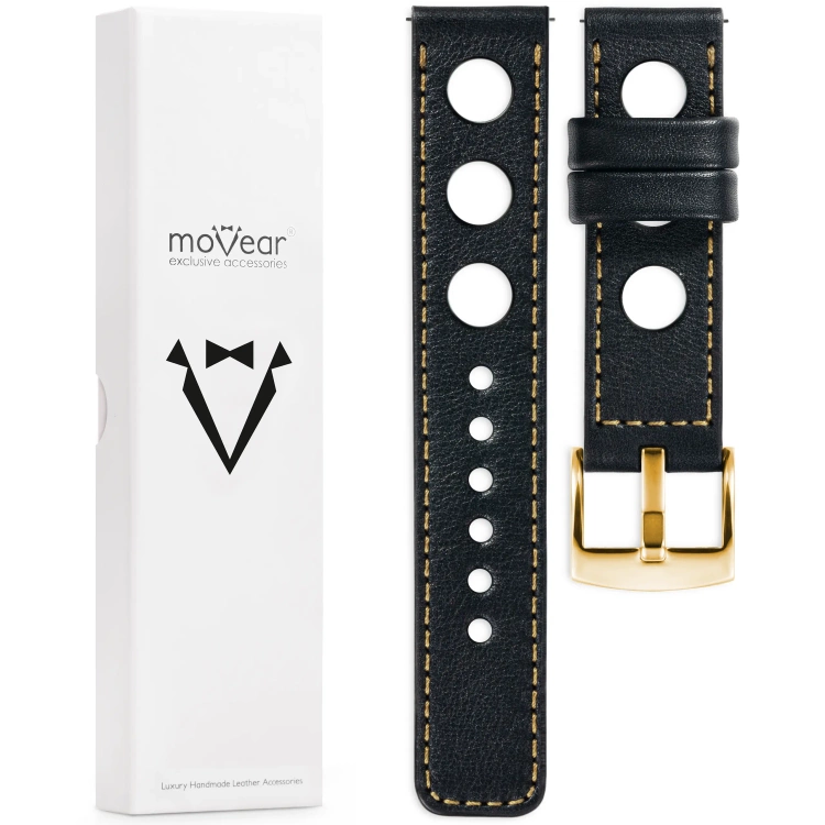 moVear Prestige R1 Skórzany pasek 20mm do zegarka | Czarny, złote przeszycie [rozmiary XS-XXL i klamra do wyboru]