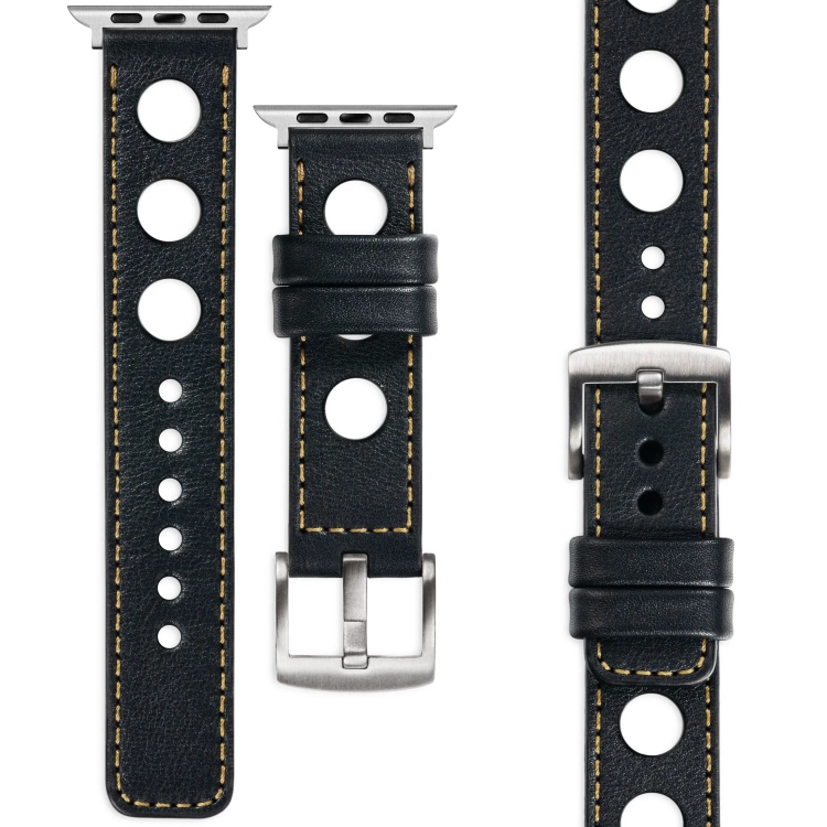 moVear Prestige R1 Skórzany pasek 24mm do Apple Watch 10 / 9 / 8 / 7 / 6 / 5 / 4 / SE (46/45/44mm) & Ultra (49mm) | Czarny, złote przeszycie [rozmiary XS-XXL i klamra do wyboru]