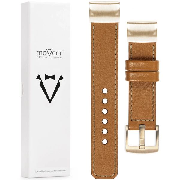 moVear Prestige C1 Skórzany pasek do Garmin QuickFit 20mm (Fenix / Instinct - 43/42/40mm) | Jasnobrązowy, kremowe przeszycie [rozmiary XS-XXL i klamra do wyboru]