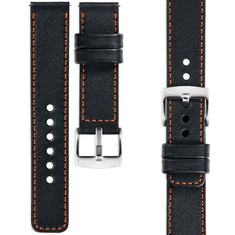 moVear Prestige C1 Skórzany pasek 20mm do zegarka | Czarny, ciemnopomarańczowe przeszycie [rozmiary XS-XXL i klamra do wyboru]
