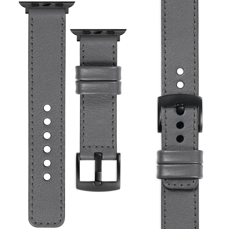 moVear Prestige C1 Skórzany pasek 22mm do Apple Watch 10 / 9 / 8 / 7 / 6 / 5 / 4 / SE (46/45/44mm) & Ultra (49mm) | Szary, grafitowe przeszycie [rozmiary XS-XXL i klamra do wyboru]
