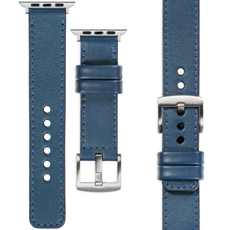 moVear Prestige C1 Skórzany pasek 20mm do Apple Watch 10 / 9 / 8 / 7 / 6 / 5 / 4 / SE (46/45/44mm) & Ultra (49mm) | Niebieski jeans, niebieski jeans przeszycie [rozmiary XS-XXL i klamra do wyboru]