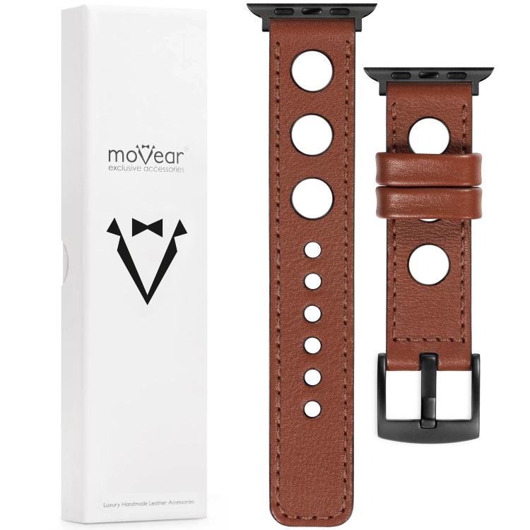 moVear Prestige R1 Skórzany pasek 22mm do Apple Watch 10 / 9 / 8 / 7 / 6 / 5 / 4 / SE (42/41/40mm) | Brązowy, brązowe przeszycie [rozmiary XS-XXL i klamra do wyboru]