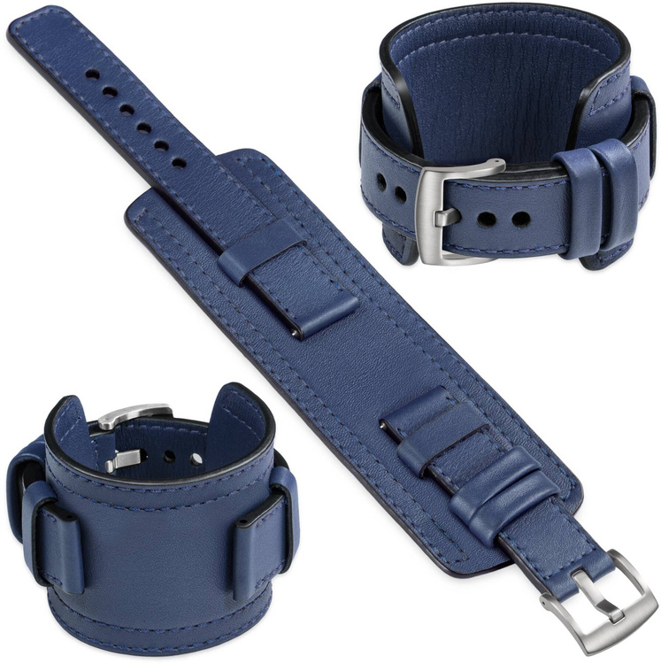 moVear Prestige CW1 Szeroki skórzany pasek 20mm do Samsung Galaxy Watch 7 / 6 / 5 / 4 / 3 & Pro / FE / Classic / Active | Granatowy, granatowe przeszycie [rozmiary XS-XXL i klamra do wyboru]