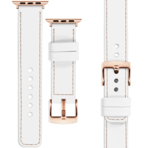 moVear Prestige C1 Skórzany pasek 20mm do Apple Watch 10 / 9 / 8 / 7 / 6 / 5 / 4 / SE (46/45/44mm) & Ultra (49mm) | Biały, różowe cieliste przeszycie [rozmiary XS-XXL i klamra do wyboru]