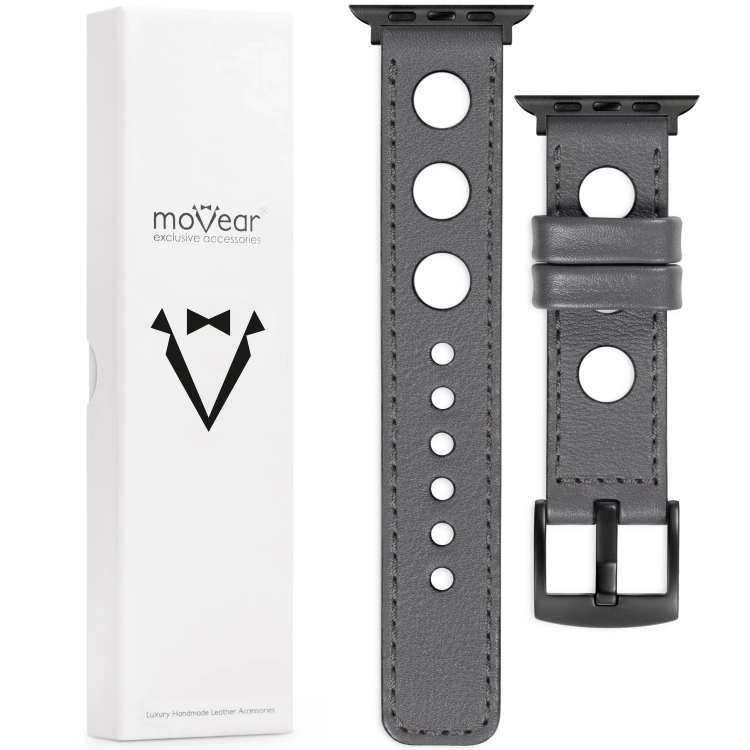 moVear Prestige R1 Skórzany pasek 24mm do Apple Watch 10 / 9 / 8 / 7 / 6 / 5 / 4 / SE (46/45/44mm) & Ultra (49mm) | Szary, grafitowe przeszycie [rozmiary XS-XXL i klamra do wyboru]