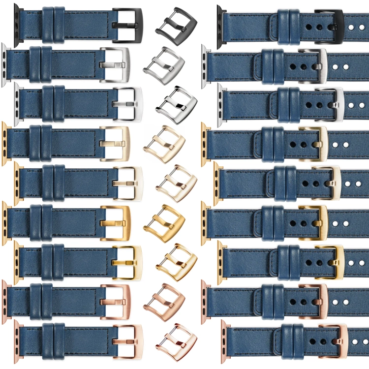 moVear Prestige C1 Skórzany pasek 24mm do Apple Watch 10 / 9 / 8 / 7 / 6 / 5 / 4 / SE (46/45/44mm) & Ultra (49mm) | Niebieski jeans, czarne przeszycie [rozmiary XS-XXL i klamra do wyboru]