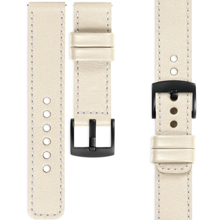 moVear Prestige C1 Skórzany pasek 22mm do Huawei Watch 5 4 3 2 1 - GT / Pro / Ultimate (48/46mm) | Beżowy, białe przeszycie [rozmiary XS-XXL i klamra do wyboru]
