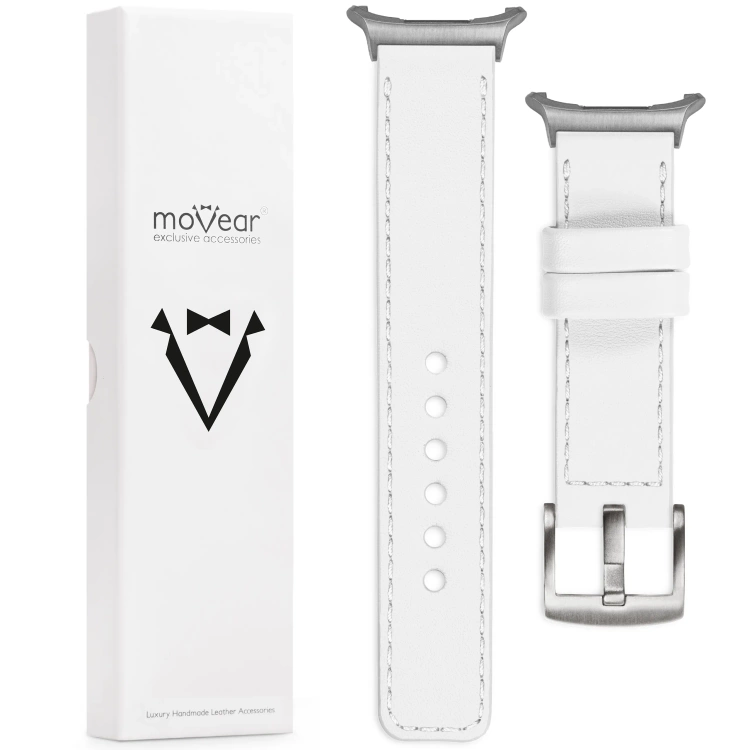 moVear Prestige C1 Skórzany pasek 22mm do Samsung Galaxy Watch Ultra | Biały, białe przeszycie [rozmiary XS-XXL i klamra do wyboru]