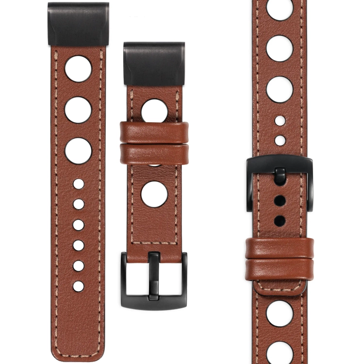 moVear Prestige R1 Skórzany pasek do Garmin QuickFit 26mm (Fenix / Epix / Quatix / Tactix / Enduro - 51mm) | Brązowy, różowe złoto przeszycie [rozmiary XS-XXL i klamra do wyboru]