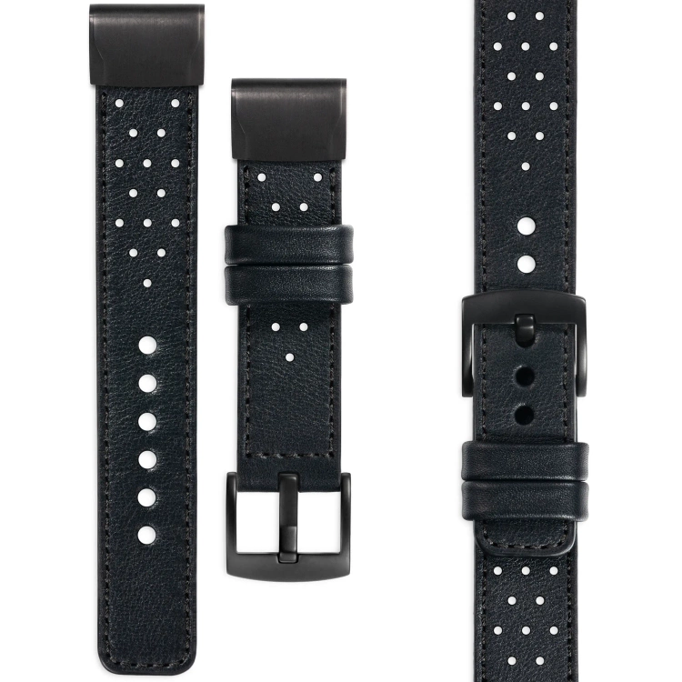 moVear Prestige R2 Skórzany pasek do Garmin QuickFit 20mm (Fenix / Instinct - 43/42/40mm) | Czarny, czarne przeszycie [rozmiary XS-XXL i klamra do wyboru]