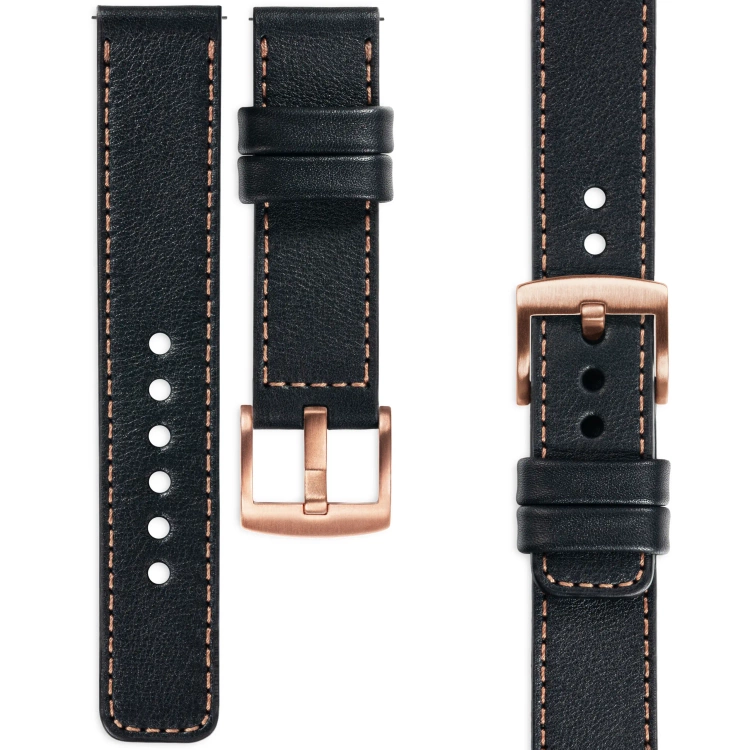 moVear Prestige C1 Skórzany pasek 20mm do zegarka | Czarny, różowe złoto przeszycie [rozmiary XS-XXL i klamra do wyboru]