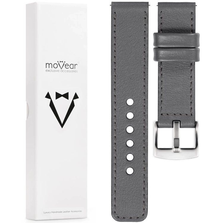 moVear Prestige C1 Skórzany pasek 26mm do zegarka | Szary, grafitowe przeszycie [rozmiary XS-XXL i klamra do wyboru]
