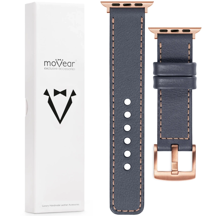 moVear Prestige C1 Skórzany pasek 22mm do Apple Watch 10 / 9 / 8 / 7 / 6 / 5 / 4 / SE (46/45/44mm) & Ultra (49mm) | Szary stalowy, różowe złoto przeszycie [rozmiary XS-XXL i klamra do wyboru]