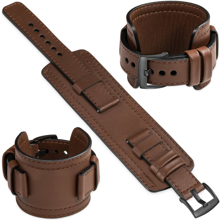 moVear Prestige CW1 Szeroki skórzany pasek 22mm do Huawei Watch 5 4 3 2 1 - GT / Pro / Ultimate (48/46mm) | Ciemnobrązowy, ciemnobrązowe przeszycie [rozmiary XS-XXL i klamra do wyboru]