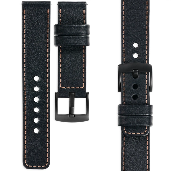 moVear Prestige C1 Skórzany pasek 22mm do Samsung Galaxy Watch 3 (45mm) / Watch (46mm) / Gear S3 | Czarny, różowe złoto przeszycie [rozmiary XS-XXL i klamra do wyboru]