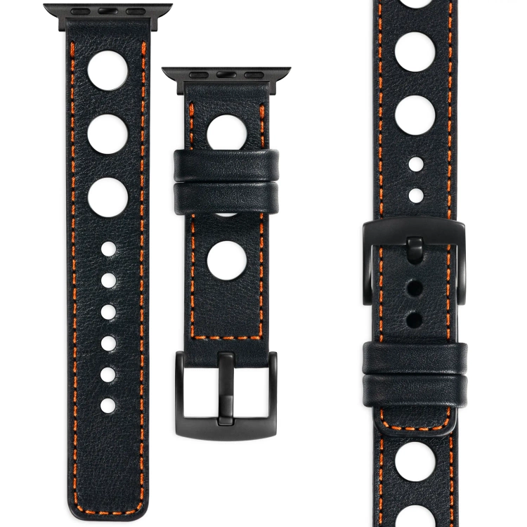 moVear Prestige R1 Skórzany pasek 22mm do Apple Watch 10 / 9 / 8 / 7 / 6 / 5 / 4 / SE (46/45/44mm) & Ultra (49mm) | Czarny, ciemnopomarańczowe przeszycie [rozmiary XS-XXL i klamra do wyboru]