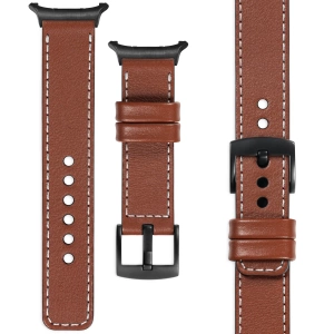 moVear Prestige C1 Skórzany pasek 24mm do Samsung Galaxy Watch Ultra | Brązowy, białe przeszycie [rozmiary XS-XXL i klamra do wyboru]