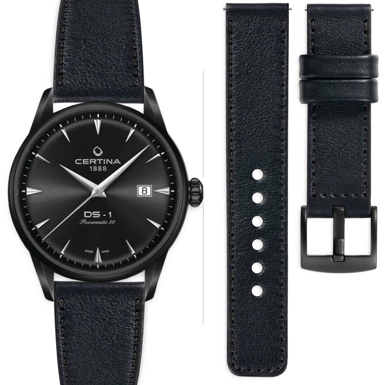 moVear Prestige C1 Skórzany pasek 20mm do Certina DS-1 C029.807.33.051.00 | Czarny, czarne przeszycie [rozmiary XS-XXL]