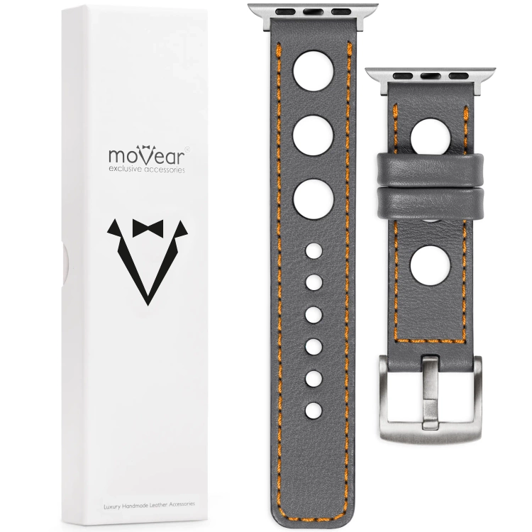 moVear Prestige R1 Skórzany pasek 24mm do Apple Watch 10 / 9 / 8 / 7 / 6 / 5 / 4 / SE (46/45/44mm) & Ultra (49mm) | Szary, pomarańczowe przeszycie [rozmiary XS-XXL i klamra do wyboru]