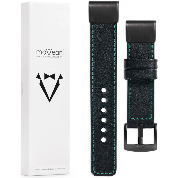 moVear Prestige C1 Skórzany pasek do Garmin QuickFit 20mm (Fenix / Instinct - 43/42/40mm) | Czarny, turkusowe przeszycie [rozmiary XS-XXL i klamra do wyboru]