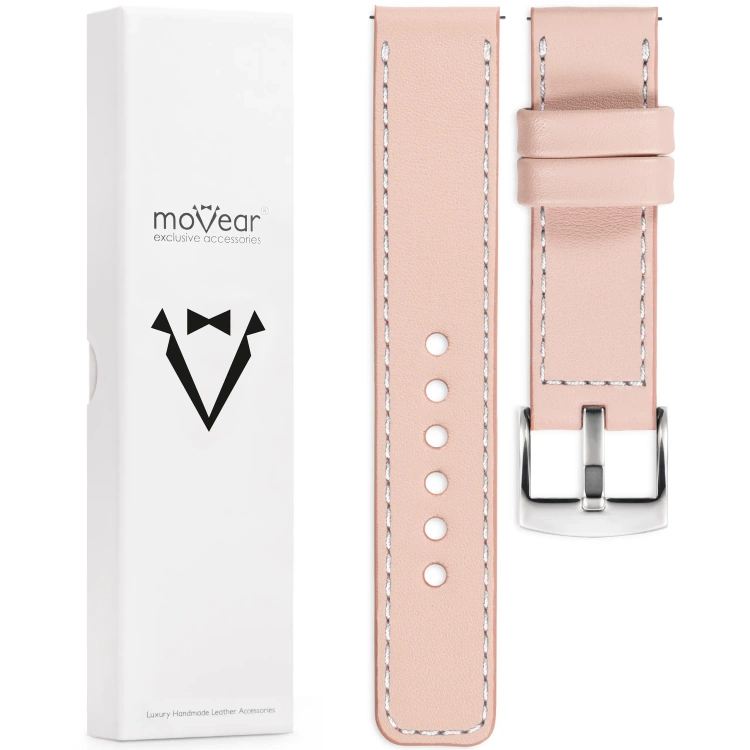 moVear Prestige C1 Skórzany pasek 22mm do zegarka | Różowy cielisty, białe przeszycie [rozmiary XS-XXL i klamra do wyboru]