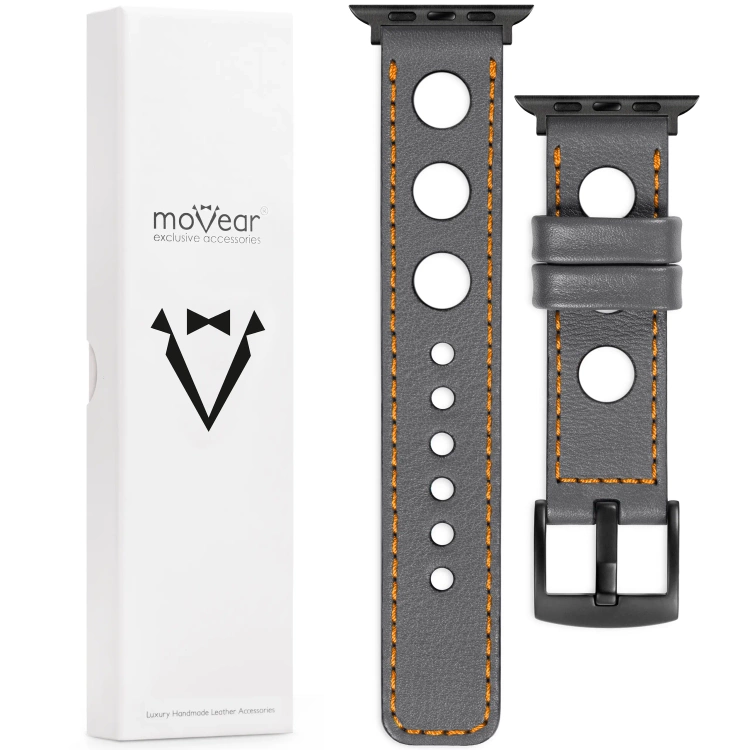 moVear Prestige R1 Skórzany pasek 22mm do Apple Watch 10 / 9 / 8 / 7 / 6 / 5 / 4 / SE (42/41/40mm) | Szary, pomarańczowe przeszycie [rozmiary XS-XXL i klamra do wyboru]