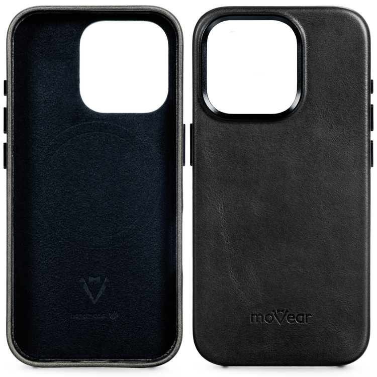 moVear backCover 4S Skórzane plecki do Apple iPhone 15 Pro Max (6.7") | kompatybilne z MagSafe, Skóra naturalna olejowana (Czarna)