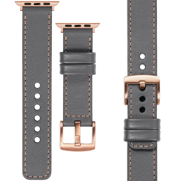 moVear Prestige C1 Skórzany pasek 22mm do Apple Watch 10 / 9 / 8 / 7 / 6 / 5 / 4 / SE (42/41/40mm) | Szary, różowe złoto przeszycie [rozmiary XS-XXL i klamra do wyboru]