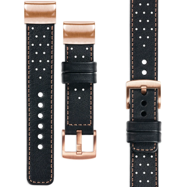 moVear Prestige R2 Skórzany pasek do Garmin QuickFit 20mm (Fenix / Instinct - 43/42/40mm) | Czarny, różowe złoto przeszycie [rozmiary XS-XXL i klamra do wyboru]