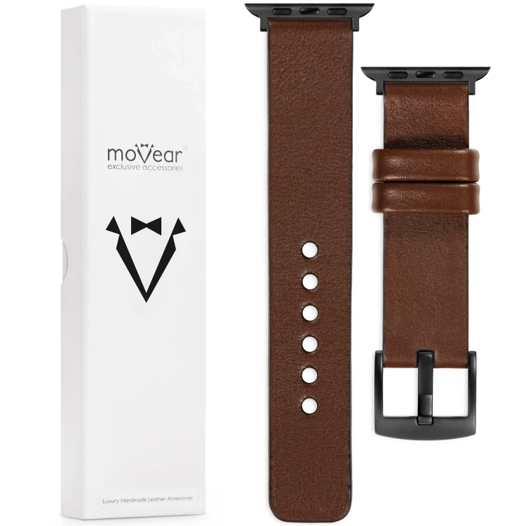 moVear Prestige S1 Skórzany pasek 20mm do Apple Watch 10 / 9 / 8 / 7 / 6 / 5 / 4 / SE (42/41/40mm) | Ciemnobrązowy [adapter i klamra do wyboru]