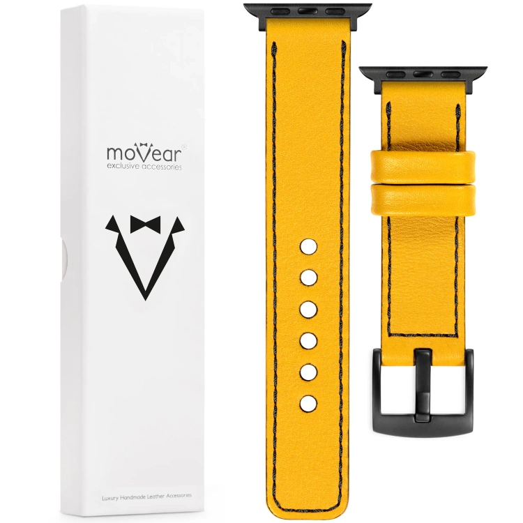 moVear Prestige C1 Skórzany pasek 24mm do Apple Watch 10 / 9 / 8 / 7 / 6 / 5 / 4 / SE (46/45/44mm) & Ultra (49mm) | Żółty, czarne przeszycie [rozmiary XS-XXL i klamra do wyboru]