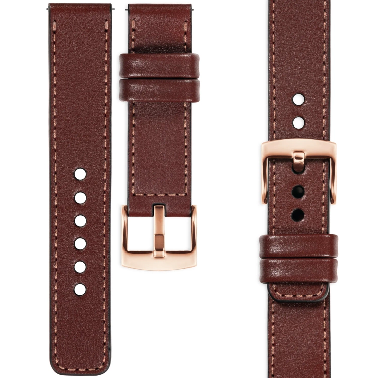 moVear Prestige C1 Skórzany pasek 18mm do zegarka | Kasztanowy, różowe złoto przeszycie [rozmiary XS-XXL i klamra do wyboru]