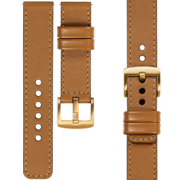 moVear Prestige C1 Skórzany pasek 22mm do Samsung Galaxy Watch 3 (45mm) / Watch (46mm) / Gear S3 | Jasnobrązowy, złote przeszycie [rozmiary XS-XXL i klamra do wyboru]