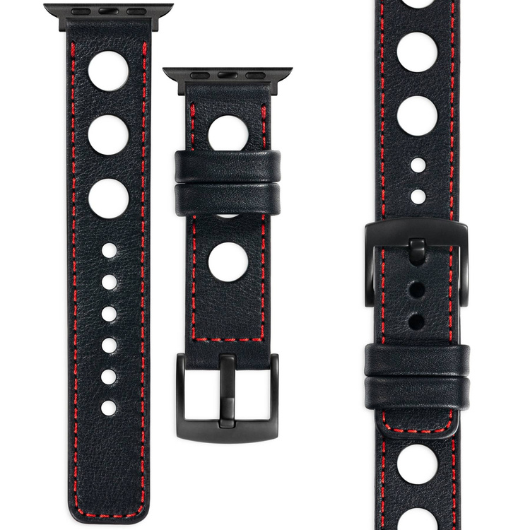 moVear Prestige R1 Skórzany pasek 20mm do Apple Watch 8 / 7 / 6 / 5 / 4 / SE (45/44mm) & Ultra (49mm) | Czarny, czerwone przeszycie [rozmiar i klamra do wyboru]