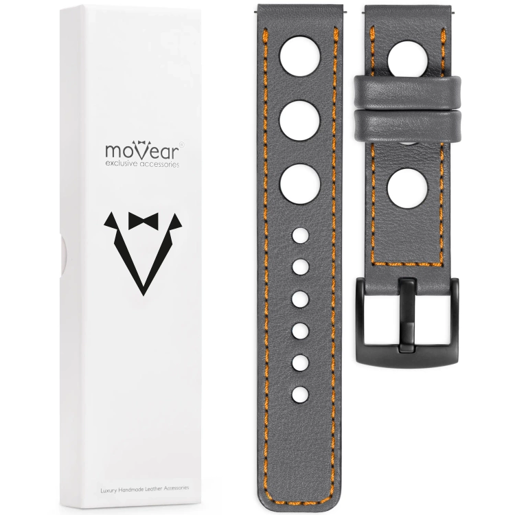 moVear Prestige R1 Skórzany pasek 20mm do zegarka | Szary, pomarańczowe przeszycie [rozmiary XS-XXL i klamra do wyboru]