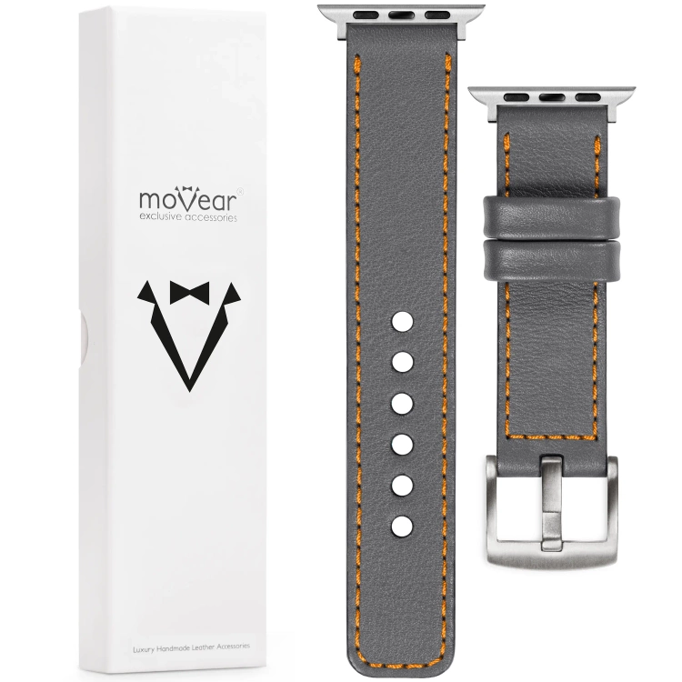 moVear Prestige C1 Skórzany pasek 22mm do Apple Watch 10 / 9 / 8 / 7 / 6 / 5 / 4 / SE (46/45/44mm) & Ultra (49mm) | Szary, pomarańczowe przeszycie [rozmiary XS-XXL i klamra do wyboru]