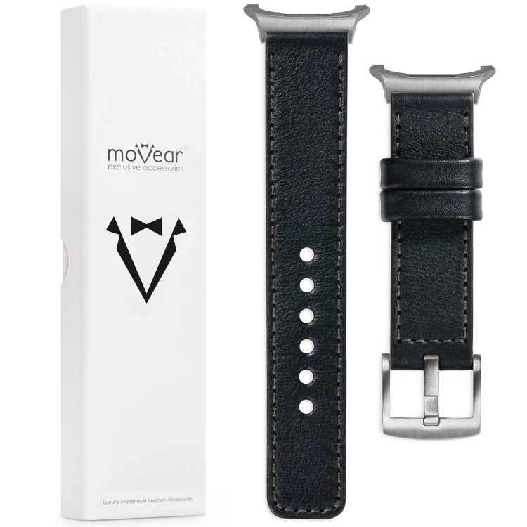 moVear Prestige C1 Skórzany pasek 24mm do Samsung Galaxy Watch Ultra | Czarny, grafitowe przeszycie [rozmiary XS-XXL i klamra do wyboru]