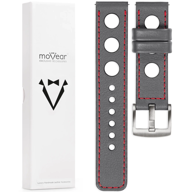 moVear Prestige R1 Skórzany pasek 20mm do Samsung Galaxy Watch 7 / 6 / 5 / 4 / 3 & Pro / FE / Classic / Active | Szary, czerwone przeszycie [rozmiary XS-XXL i klamra do wyboru]