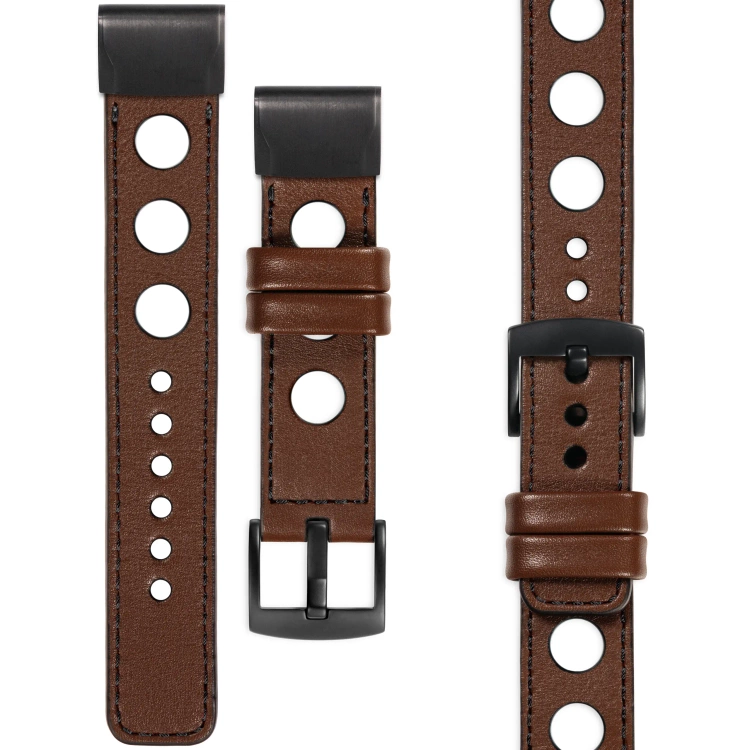 moVear Prestige R1 Skórzany pasek do Garmin QuickFit 26mm (Fenix / Epix / Quatix / Tactix / Enduro - 51mm) | Ciemnobrązowy, czarne przeszycie [rozmiary XS-XXL i klamra do wyboru]