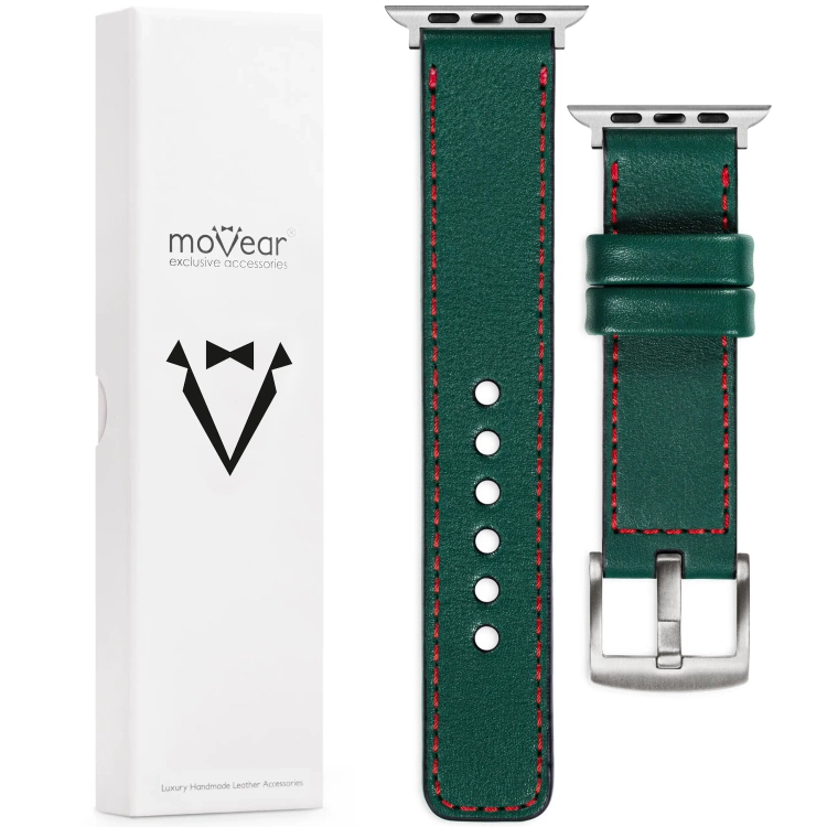 moVear Prestige C1 Skórzany pasek 22mm do Apple Watch 10 / 9 / 8 / 7 / 6 / 5 / 4 / SE (46/45/44mm) & Ultra (49mm) | Zielony butelkowy, czerwone przeszycie [rozmiary XS-XXL i klamra do wyboru]