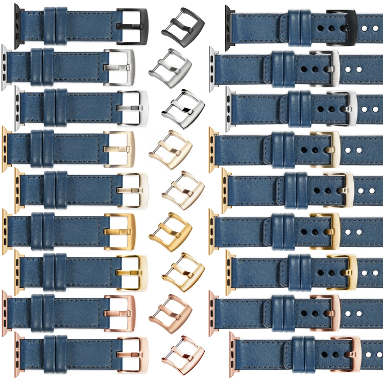 moVear Prestige C1 Skórzany pasek 22mm do Apple Watch 10 / 9 / 8 / 7 / 6 / 5 / 4 / SE (46/45/44mm) & Ultra (49mm) | Niebieski jeans, grafitowe przeszycie [rozmiary XS-XXL i klamra do wyboru]